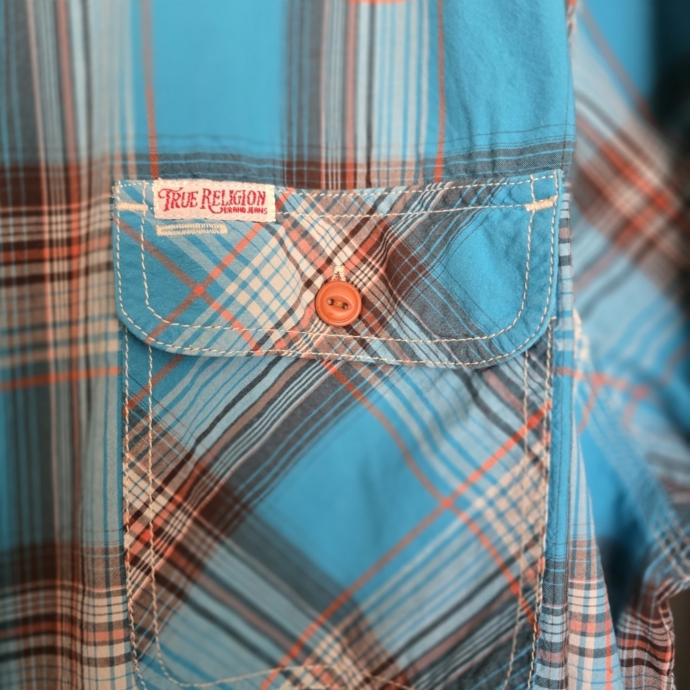 True Religion Turquoise Orange Blue Brown Plaid Button-Down Shirt - Picture 3 of 4